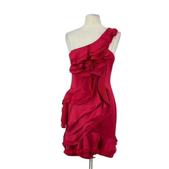 BCBDMaxAzria Womens 12 One Shoulder Mini Cocktail Dress Berry Red Y2K Ruffles - Picture 2 of 12